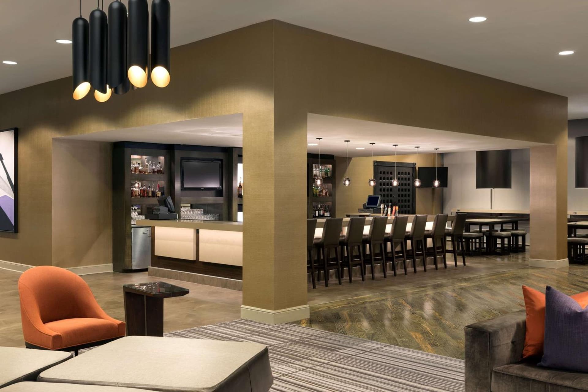 DoubleTree by Hilton Hotel Dallas Campbell Centre lobby and 82Fifty Restaurant in Dallas, Texas